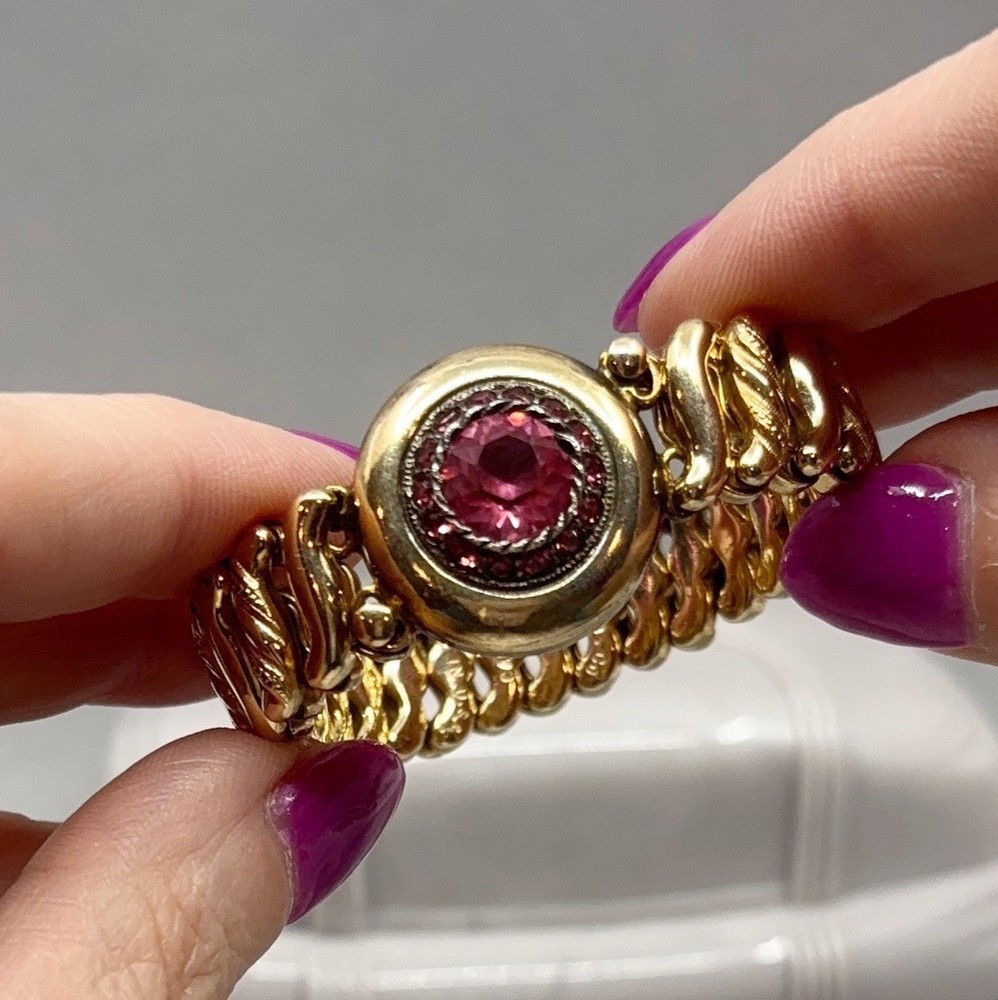 Carmen Gold Filled Sweetheart Bracelet Pink Rhinestones Retro DFB Co USA