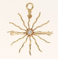 Antique Estate Diamond Sunburst Pin Pendant .13CT 14K YG 1 ¼” Diameter