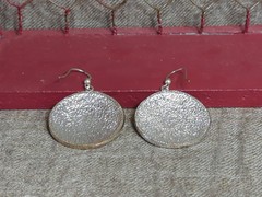 Vintage Red Off White Black Enamel Inlay Round Dangle Earrings Silvertone