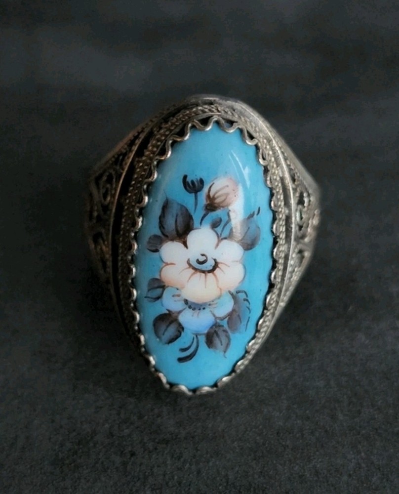 Vintage Russian Enamel Folk Art Rostov Finift Ring Size 7
