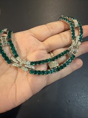 Vintage Art Deco Faux Emerald Green & Clear Rhinestones Collar Necklace