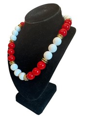 Vintage Red & White Beaded Necklace Gold-Tone Spacers 80s 90s Career Chunky