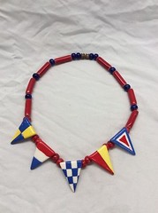 Stunning vtg. Flying Colors Hand Painted Ceramic Modern Blue Red White necklace