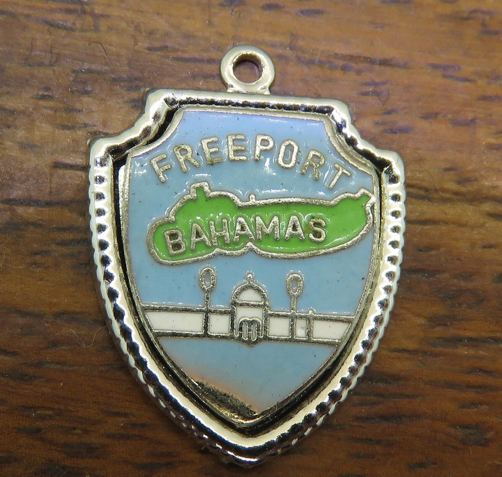 Vintage silver BAHAMAS CARIBBEAN FREEPORT ENAMEL TRAVEL SHIELD charm 3-43