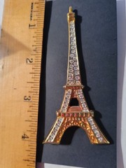 Rhinestone Eiffel Tower Pin with Goldtone Metal Settings about 3.5 inches long