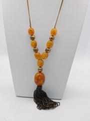 B595-VINTAGE NECKLACE~LUCITE AMBER BEADS/CORDED~26″