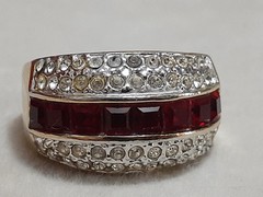 Vintage layered CZ white & red channel set unisex gold tone ring size 7