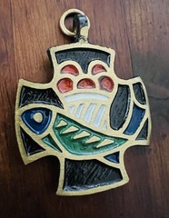 Vintage Terra Sancta Guild Cross Food For Life Fish Gold Enamel Pendant Israel