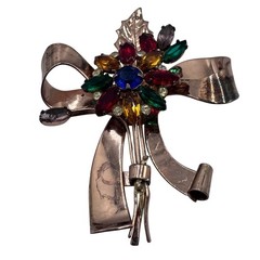 Coro Craft Sterling Silver Multi-Color Rhinestone Bow Floral Brooch Pegasus Tag