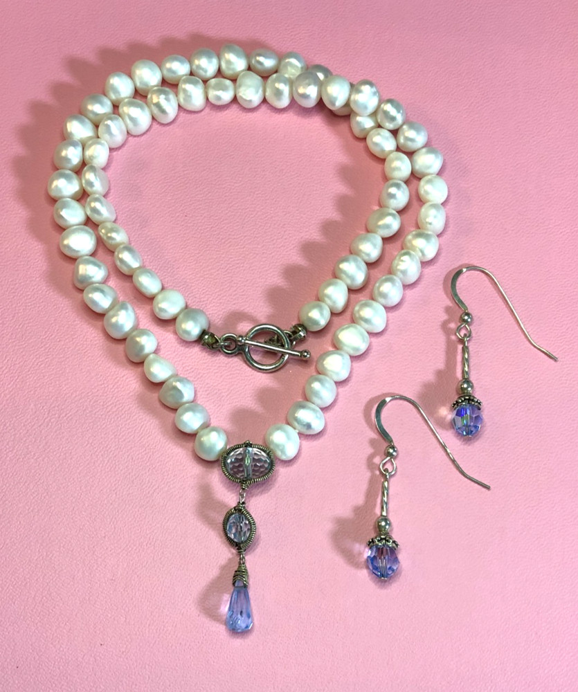 Vintage Cultured Pearl Blue Crystal Lavaliere Y Drop Necklace +925 Earrings 6125