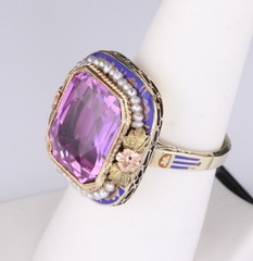 Spectacular Antique 14K Pink Sapphire and Enamel Ring 8.8 Grams Size 7-1/4