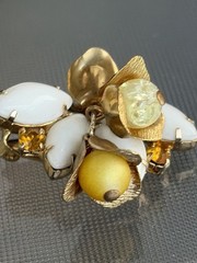 Vintage Floral Brooch Earrings Set White Navette Beads Lucite Gold Tone Clip