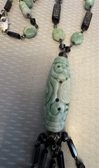 Sterling Silver Carved Jade Cylinder Deco Tassel Necklace Wired Black Glass Bead
