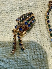 Vintage 1950’s Costume necklace And clip on earring Set Gold color Blue Green