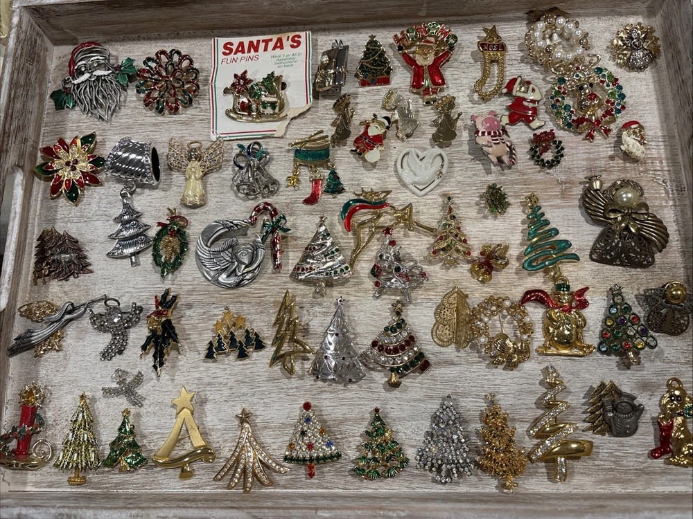 60 Vintage Christmas Tree Santa Angel Signed & Unsigned Pin Lot Brooches