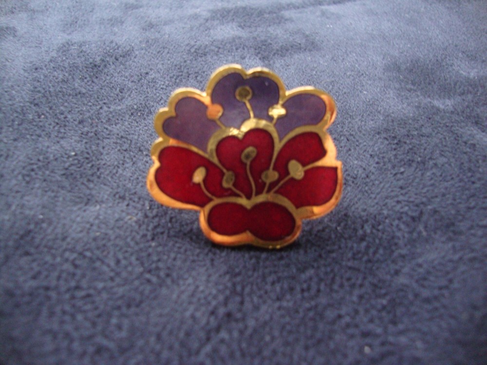 Vintage Cherry Blossom Cloisonne Purple & Red Enamel Gold Tone Scarf Clip