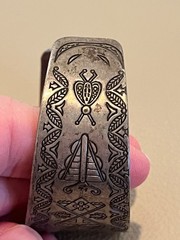 Primitive Vintage Engraved Cuff Bracelet Silver Plated Mixed Metal w/ Copper