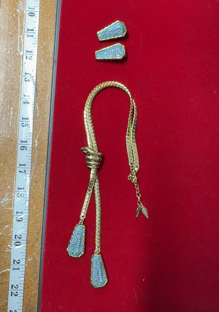 WHITING & DAVIS Gold Tone Egyptian Revival Lariat Necklace snake Earring Set