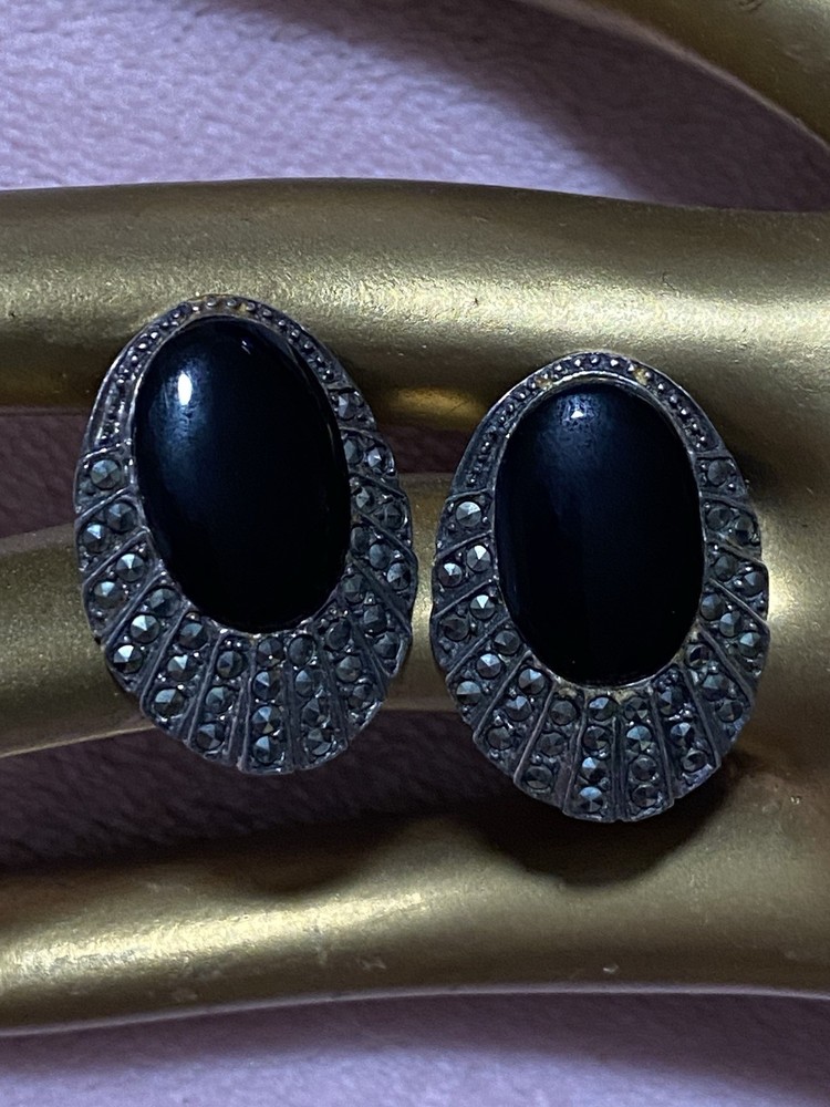 Vintage Sterling Silver Black Onyx / Marcasite Southwestern Stud Earrings 925