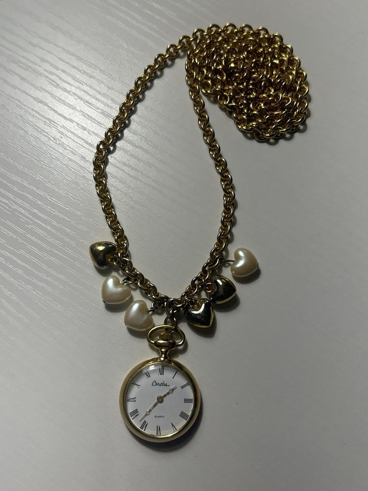 Vintage Carolee Pocket Watch Pendant Necklace Pearl Heart Charms Gold Tone 34”