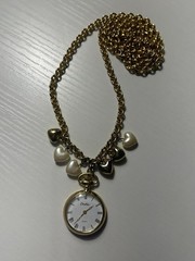 Vintage Carolee Pocket Watch Pendant Necklace Pearl Heart Charms Gold Tone 34”