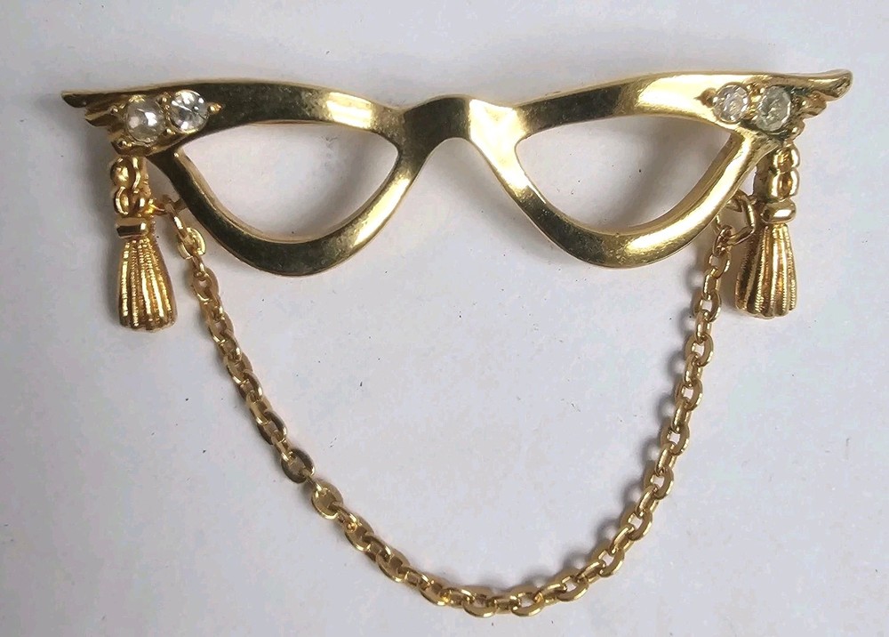 Avon Brooch Pin Cat Eye Glasses Tassel Rhinestone Gold Tone Gift Dangle VGT