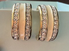 VTG Swarovski Gold And White Enamel With Clear Crystal Clip Earrings