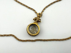 Vintage Signed Goldette 3 Strand Carved Clear Cameo Bezel Necklace Gold Tone