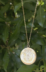 BOW Vintage LOCKET Gold Filled Y GF Necklace Antique Pendant Thick Hand Engraved