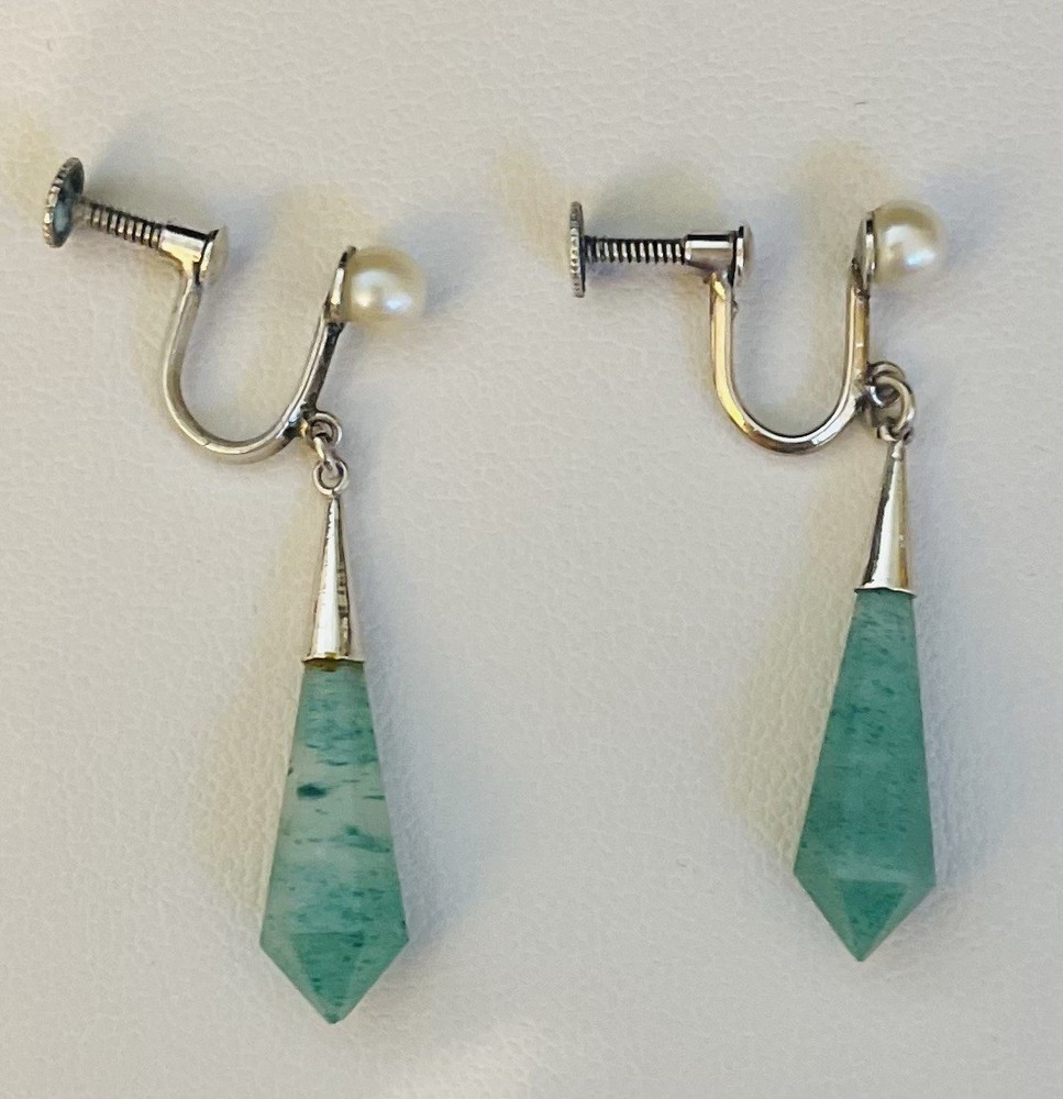 Antique Mother’s 1890’s Screw Back Sterling Silver Green Jade Hexagon Earrings