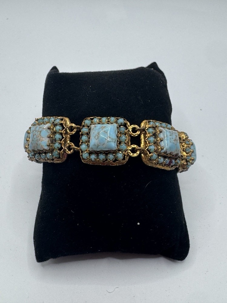 Vintage CZECHO Czech Faux Turquoise Glass Filigree Panel Bracelet 7.5”