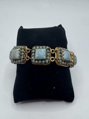 Vintage CZECHO Czech Faux Turquoise Glass Filigree Panel Bracelet 7.5”