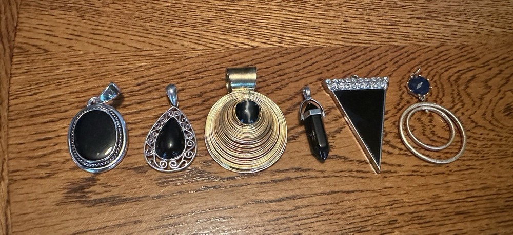 Lot of 6 Vintage To Modern Silver Tone Gold Tone Black & Rhinestones Pendants