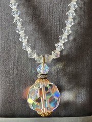 CZECH AURORA BOREALIS CRYSTAL BALL w CRYSTAL CHAIN PENDANT NECKLACE☆FILIGREE CAP
