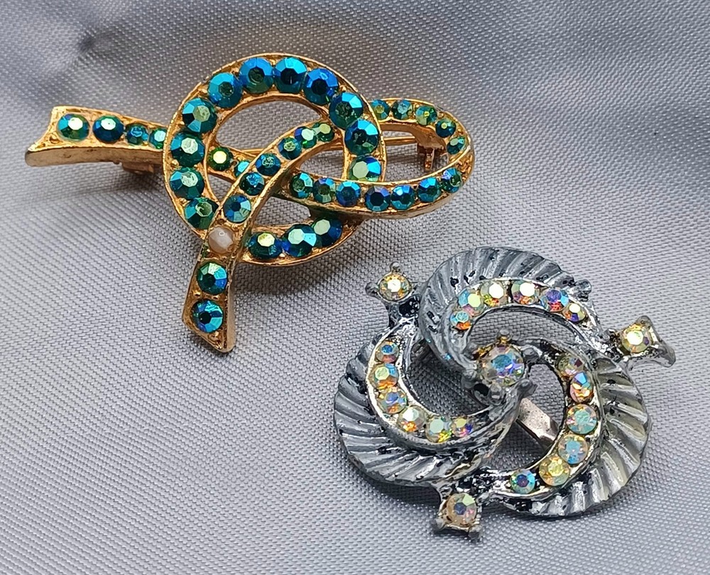 Two Vintage AB Crystal Pin Brooches Gold & Silver Tone Aqua & Clear AB Stones