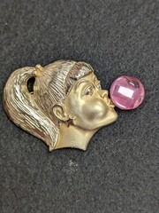Vintage AJC American Jewelry Bubble Gum Girl Brooch Gold Tone Pink Bubble Signed