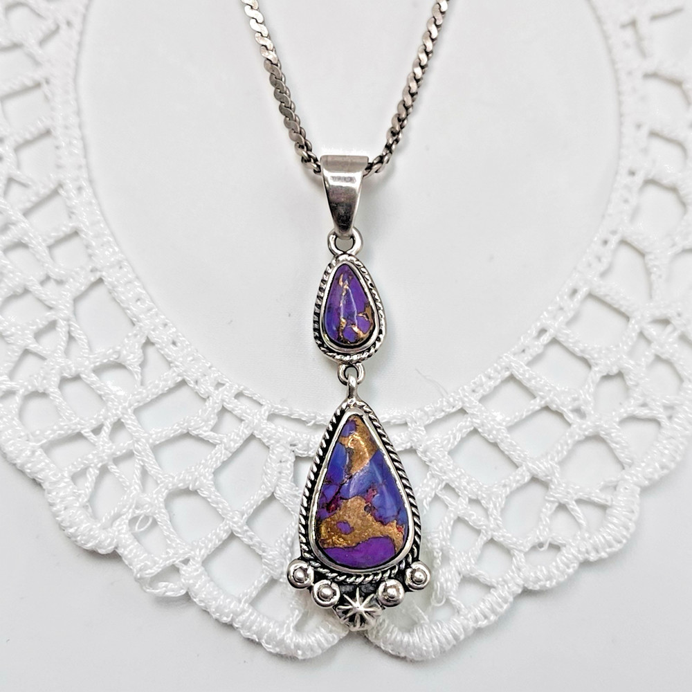 Vintage T Philippines Sterling Copper & Purple Gemstone Pendant Necklace, 16.5″