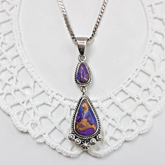 Vintage T Philippines Sterling Copper & Purple Gemstone Pendant Necklace, 16.5″