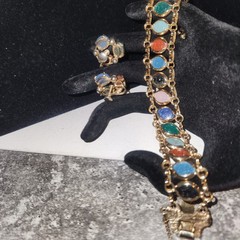 Vintage Scarab Bracelet and Clip On Earrings Set Gold Tone Multi Stone Jewelry