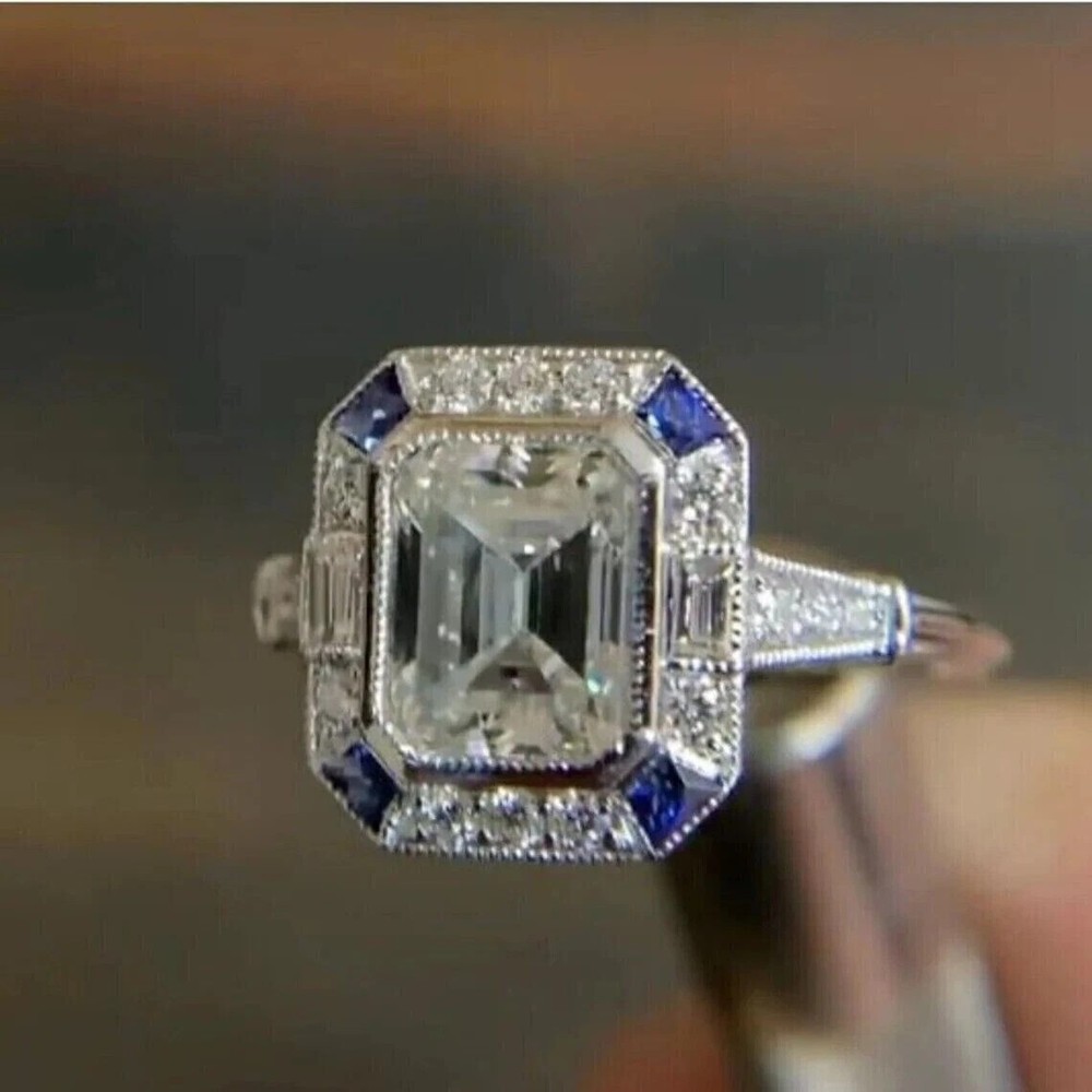 Art Deco Style Lab Created Diamond & Sapphire 14K White Gold FN Engagement Ring