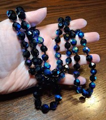 Vintage Black Faceted Glass Bead Strand Necklace 40″ 10mm AB See Pics/Descrip