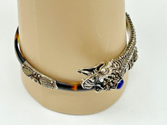 Antique Chinese Sterling Silver Dragon Faux Tortoise Shell Bypass Bracelet