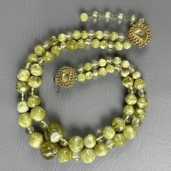 Vintage Necklace Earring Set Lime Green Marbled Lucite Double Strand Clip On