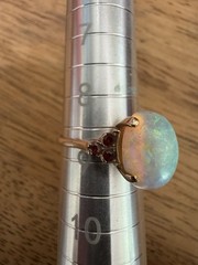 Vintage Large Natural Crystal Australian Opal & Ruby Ring 14K Size 8.75
