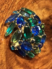 Vintage Domed Round Blue and Greens Rhinestone Brooch Unsigned