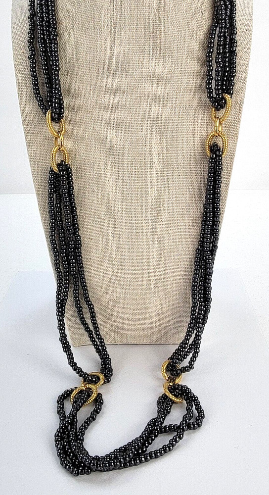 Vintage Gray Glass Bead Gold-Tone Link Beaded Necklace 36 in Fold Over Clasp