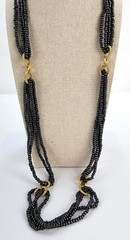 Vintage Gray Glass Bead Gold-Tone Link Beaded Necklace 36 in Fold Over Clasp