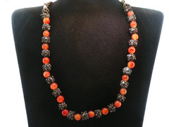 Vintage Orange Stone Bead Necklace – Ornate Metal Filigree Spacers, Boho Tribal