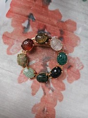 Vintage Scarab Beetle Brooch Carved Gemstones Gold Over Sterling
