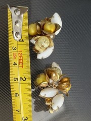 Vintage Floral Brooch Earrings Set White Navette Beads Lucite Gold Tone Clip